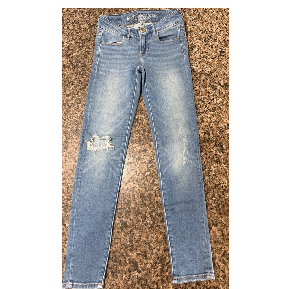 American Eagle Super Stretch Jegging Med Wash Distressed Jeans Womens 00 Short